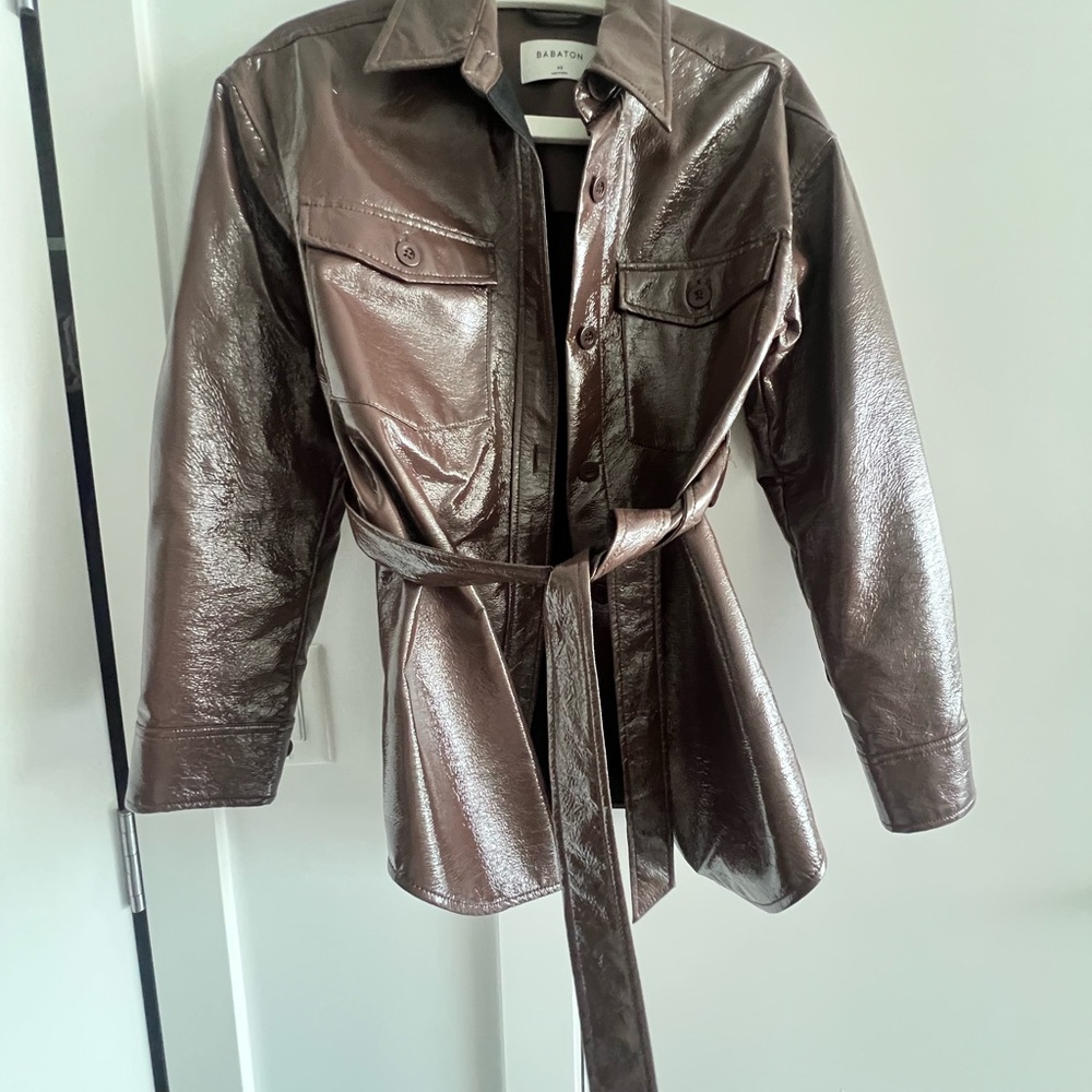 Babaton Pelli Tie Faux Leather Shirt Jacket
